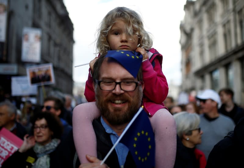 EU supporters march as parliament sits on a Saturday for the first time since the 1982 Falklands War, to discuss Brexit in London