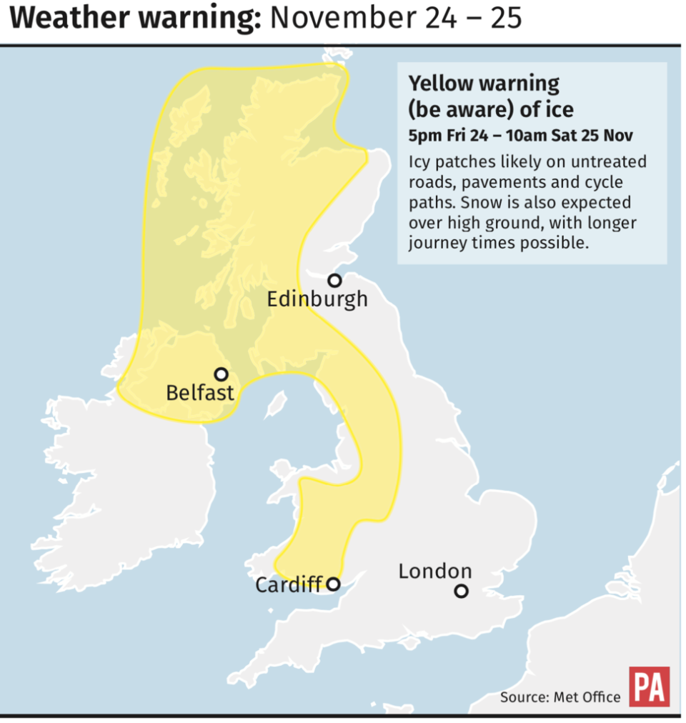 The weather warning will be in place from 5pm today until 10am tomorrow (PA)