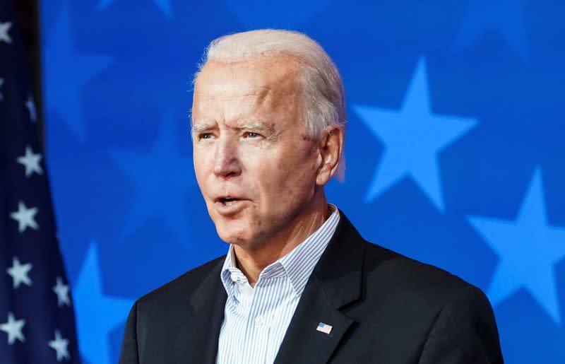 Democratic U.S. presidential nominee Biden speaks about the 2020 presidential election in Wilmington, Delaware