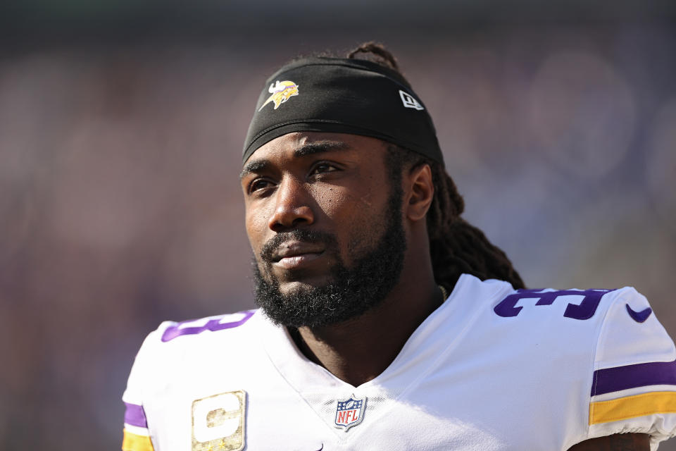 BALTIMORE, MARYLAND - NOVEMBER 07: Dalvin Cook #33 of the Minnesota Vikings looks on before the game against the Baltimore Ravens at M&T Bank Stadium on November 07, 2021 in Baltimore, Maryland. (Photo by Scott Taetsch/Getty Images)
