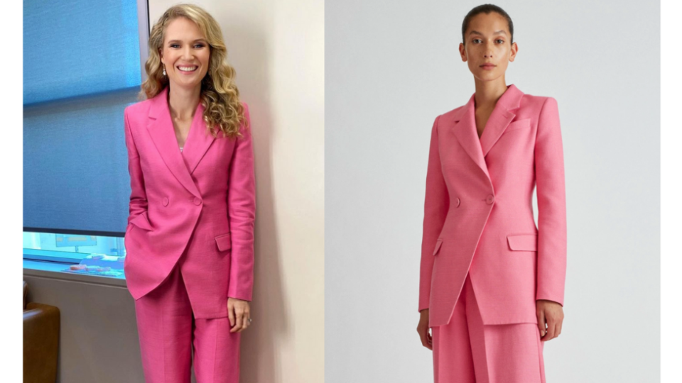 Amelia Broun in a pink power suit