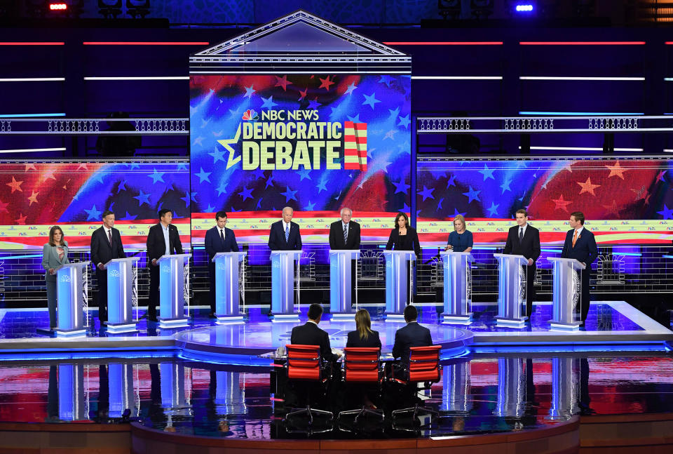 Democratic presidential hopefuls participate in the second Democratic primary debate of the 2020 presidential campaign season hosted by NBC News at the Adrienne Arsht Center for the Performing Arts in Miami, Florida, June 27, 2019. | Saul Loeb—AFP/Getty Images
