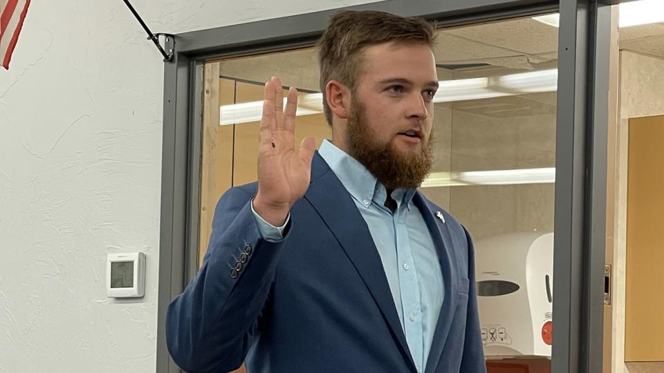 Carsen Roberts is sworn in following his May 7, 2022, election to the Claude Independent School District school board. He is the youngest school board member in Texas.