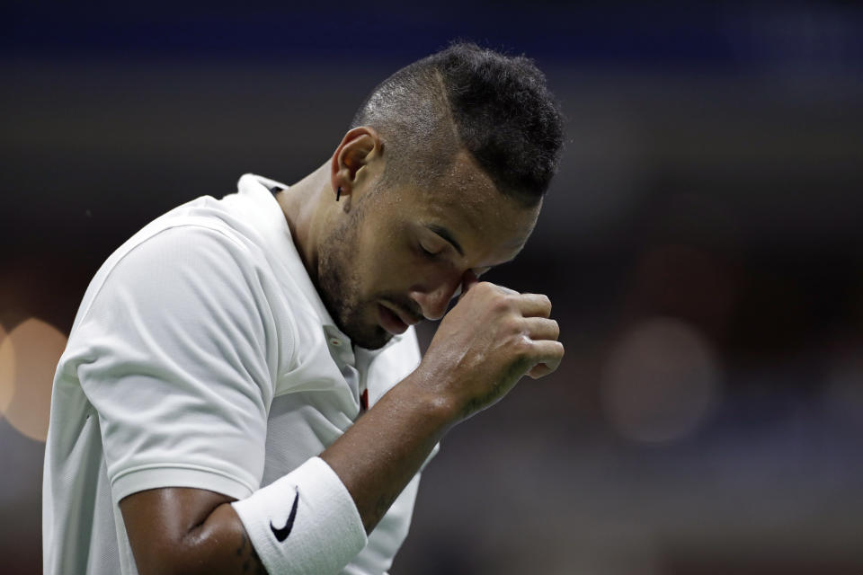 Nick Kyrgios, of Australia, reacts after losing a point to Andrey Rublev, of Russia, during the third round of the U.S. Open tennis tournament Saturday, Aug. 31, 2019, in New York. (AP Photo/Adam Hunger)