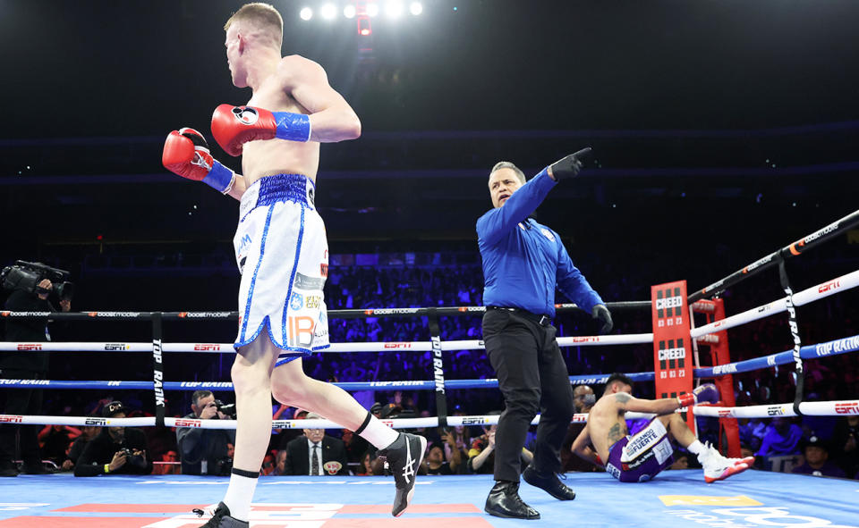 Liam Wilson, pictured here after knocking down Emanuel Navarrete in their world title fight.