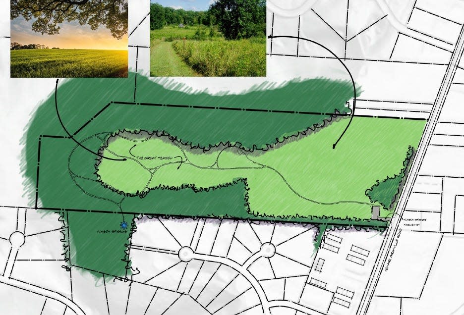 A concept drawing created by Munson Springs Steering Committee member Keith Myers, who is the former vice president of planning, architecture and real estate at Ohio State University, shows what a land reserve with a small parking lot could look like on the 57-acre site along Newark-Granville Road.