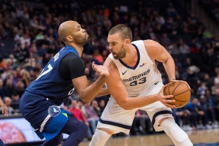 Nov 18, 2018; Minneapolis, MN, USA; Minnesota Timberwolves forward Taj Gibson (67) pressures Memphis Grizzlies center Marc Gasol (33) in the second quarter at Target Center. Mandatory Credit: Brad Rempel-USA TODAY Sports