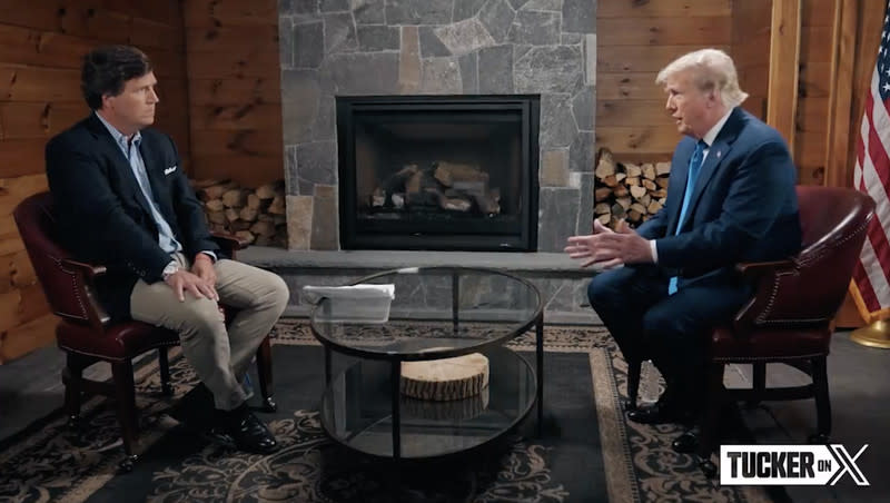 Tucker Carlson interviews former president Donald Trump on X, formerly known as Twitter, in a video posted Wednesday, Aug. 23, 2023.