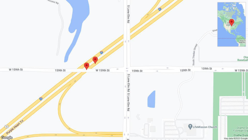A detailed map that shows the affected road due to 'Broken down vehicle on eastbound I-35 in Olathe' on November 22nd at 1:44 p.m.