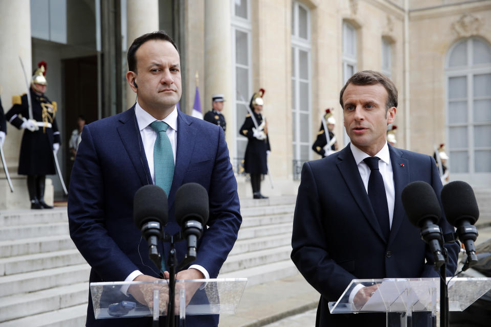 French President Emmanuel Macron, right, and Irish Prime Minister Leo Varadkar attend a media conference at the Elysee Palace, in Paris, Tuesday, April 2, 2019. Macron urged Britain to propose an alternative plan in the coming days if the country wants to avoid a no-deal Brexit. (AP Photo/Christophe Ena)