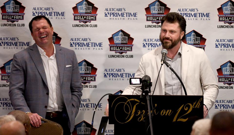 Brothers Derek and Dustin Fox speak at the Pro Football Hall of Fame Luncheon Club. Monday, April 29, 2024.