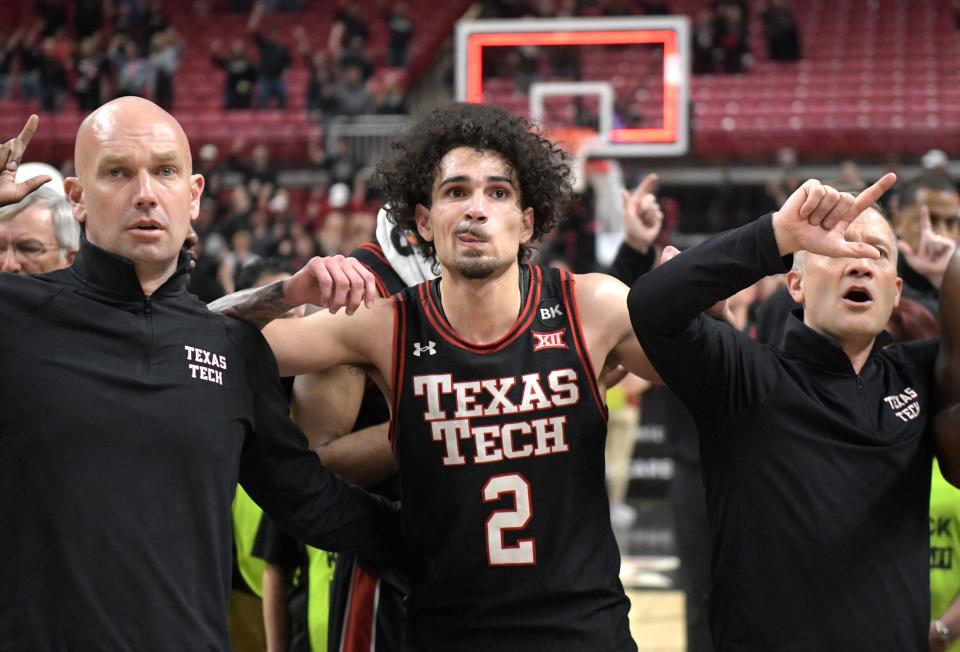 Texas Tech's guard Pop Isaacs (2) makes a face after the team's loss against Texas in a Big 12 basketball game, Tuesday, Feb. 27, 2024, at United Supermarkets Arena.