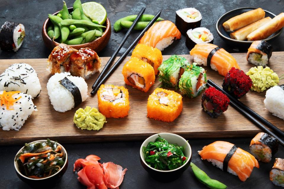 A collection of different types of sushi.