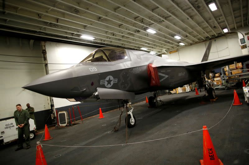 FILE PHOTO: A Lockheed Martin F-35B stealth fighter is seen inside the USS Wasp (LHD 1) amphibious assault carrier during their operation in the waters off Japan's southernmost island of Okinawa