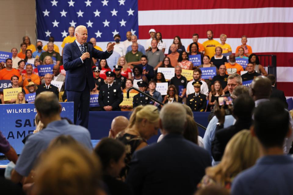 President Joe Biden speaks on his Safer America Plan at the Marts Center on August 30, 2022 in Wilkes-Barre, Pennsylvania. President Biden visited Wilkes-Barre to speak on the passage of his bipartisan gun safety legislation earlier this year after massacres in Buffalo, New York, and Uvalde, Texas (Getty Images)