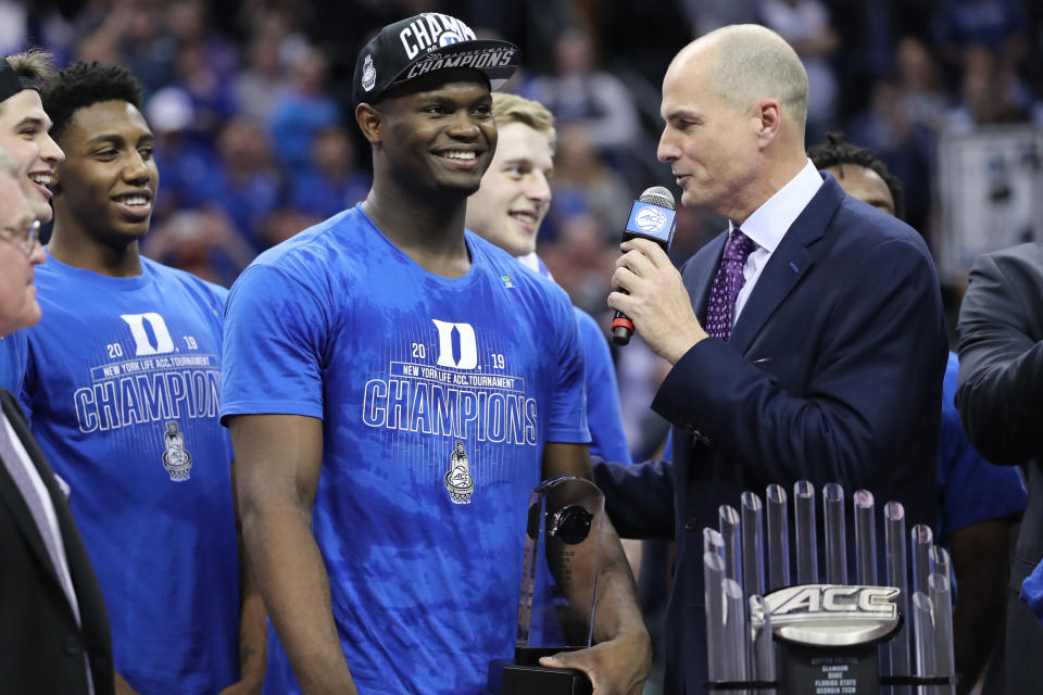 CHARLOTTE, NC - MARCH 16:  Duke Blue Devils forward Zion Williamson (1) wins MVP at the end of the of the ACC Tournament championship game with the Duke Blue Devils versus the Florida State Seminoles on March 16, 2019, at the Spectrum Center in Charlotte, NC. (Photo by Jaylynn Nash/Icon Sportswire via Getty Images)