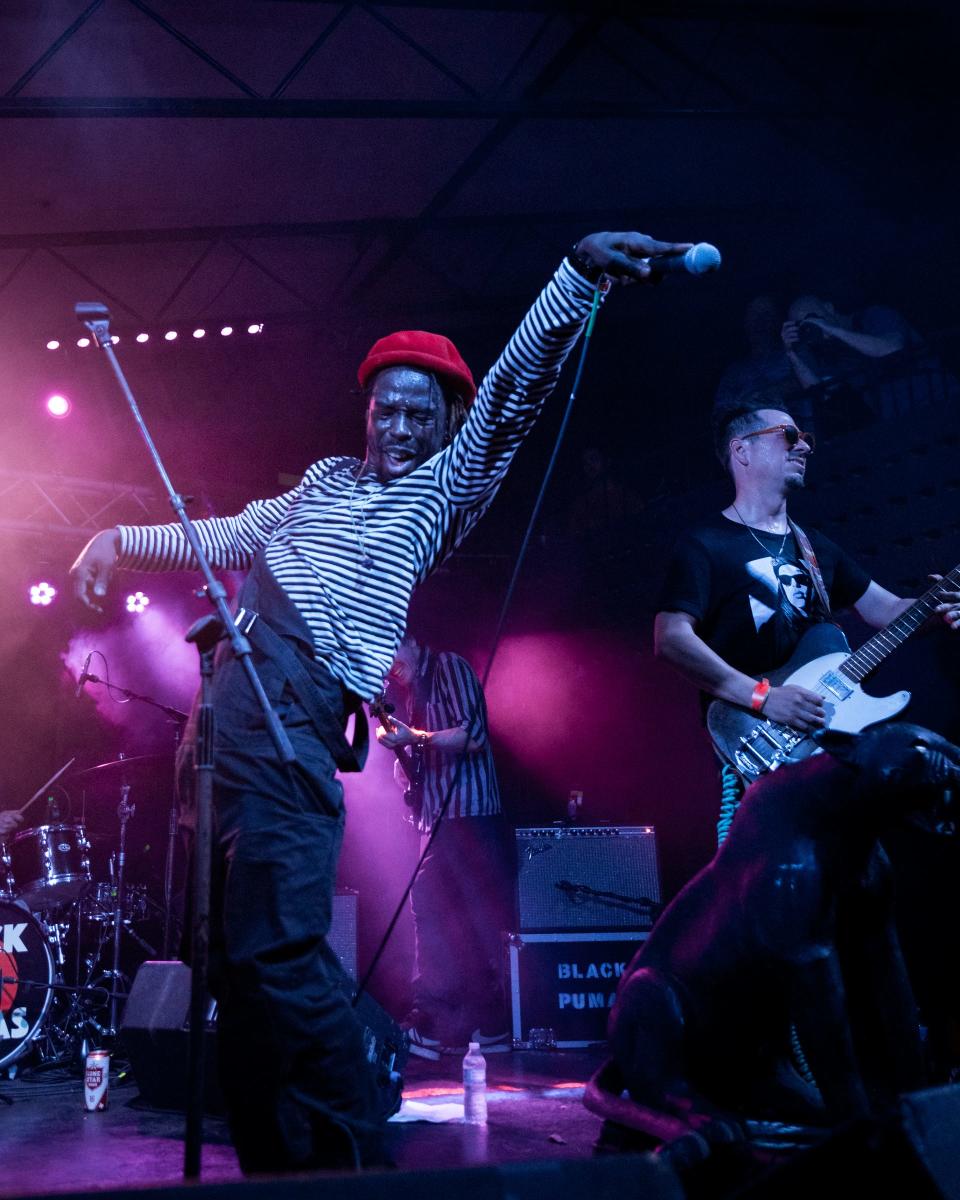 Eric Burton (left) and Adrian Quesada onstage at the Mohawk in Austin, Texas, on Aug. 23, 2019.