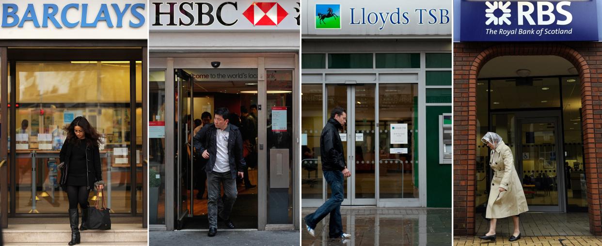 (FILES) A combination of file pictures shows the high street branches of four British banks; Barclays, HSBC, Lloyds Banking Group and Royal Bank of Scotland. Britain's banks should implement major reforms aimed at avoiding further state bailouts of lenders by 2019, a government-appointed commission recommended in a final report on Monday September 12, 2011. The Independent Commission on Banking confirmed its initial proposals published in April that called for a "ring-fencing" of lenders' retail businesses, thus avoiding banks being sunk by investment division losses. AFP PHOTO/STAFF (Photo credit should read STAFF/AFP via Getty Images)