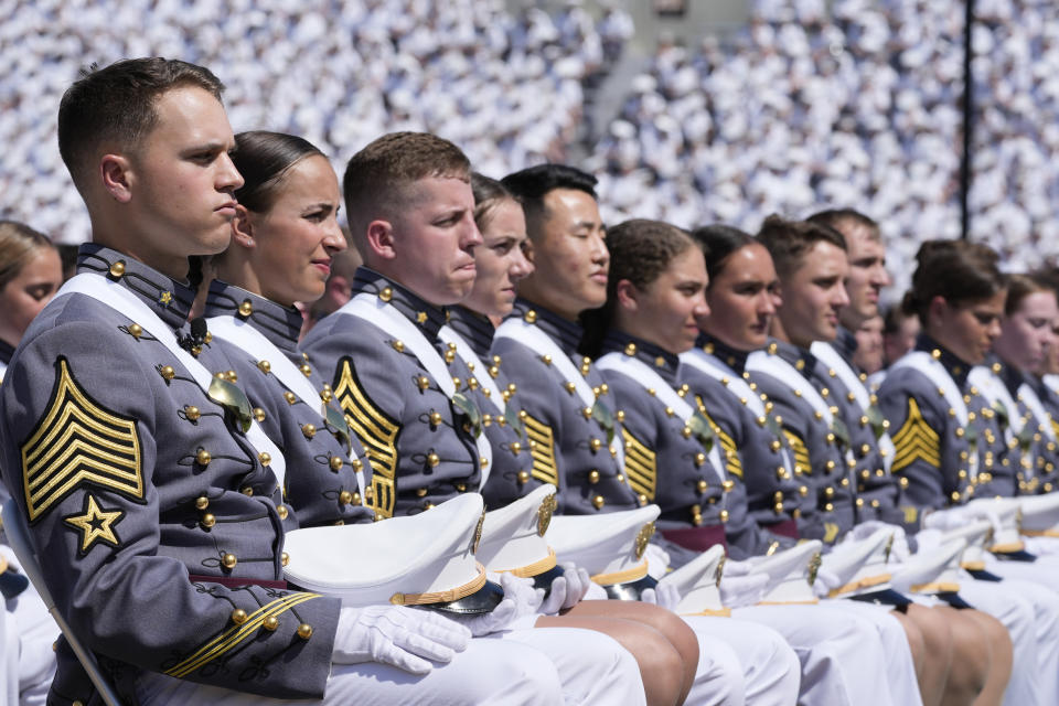 Graduating cadets listen as President Joe Biden speaks at the U.S. Military Academy commencement ceremony, Saturday, May 25, 2024, in West Point, N.Y. (AP Photo/Alex Brandon)