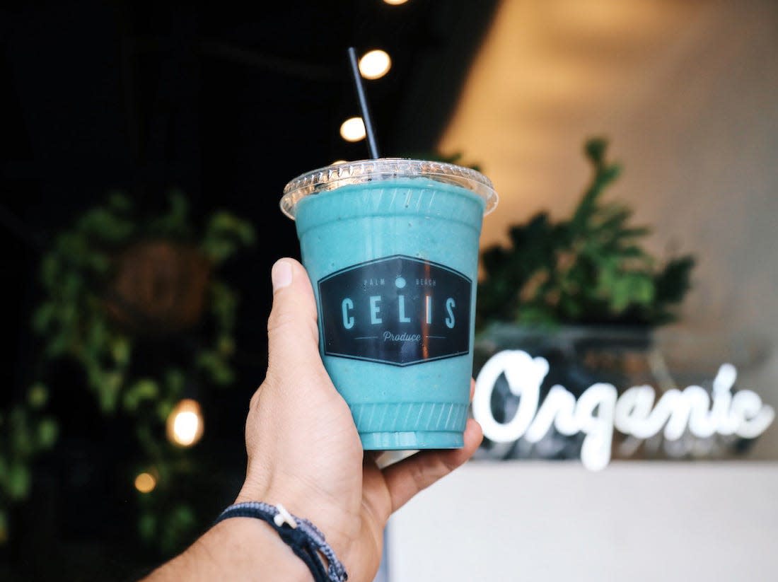 Blue Majik smoothie at Celis Juice Bar includes coconut water, pineapple, banana, mango and E3Live, a nutrient-dense algae, according to Celis.