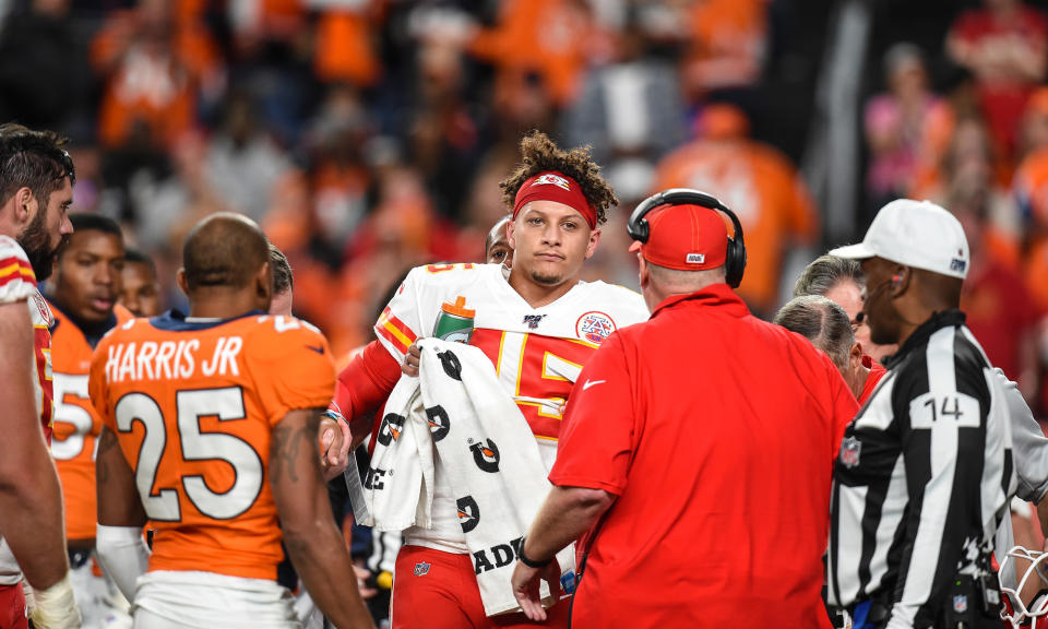 Patrick Mahomes leaves Thursday night's game against Denver with a knee injury. (Getty Images)