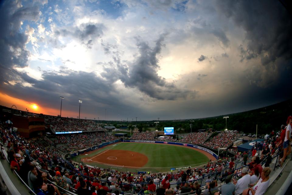 The stadium is  evacuated during a weather delay during a softball game between the Oklahoma Sooners and Florida State in the Women's College World Championship Series at USA Softball Hall of Fame Stadium in  in Oklahoma City, Wednesday, June, 7, 2023. 