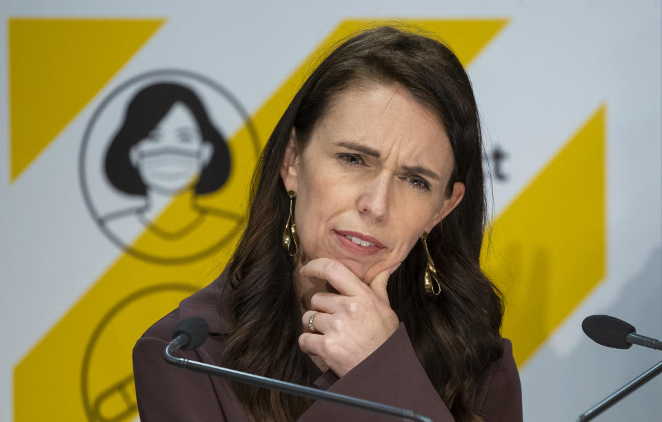 New Zealand Prime Minister Jacinda Ardern gestures during a post-Cabinet press conference at Parliament in Wellington, New Zealand, Monday, Nov. 8, 2021. The lockdown of New Zealand's largest city is likely to end later this month, with some coronavirus restrictions eased from Tuesday, Ardern said. (Mark Mitchell/Pool Photo via AP)