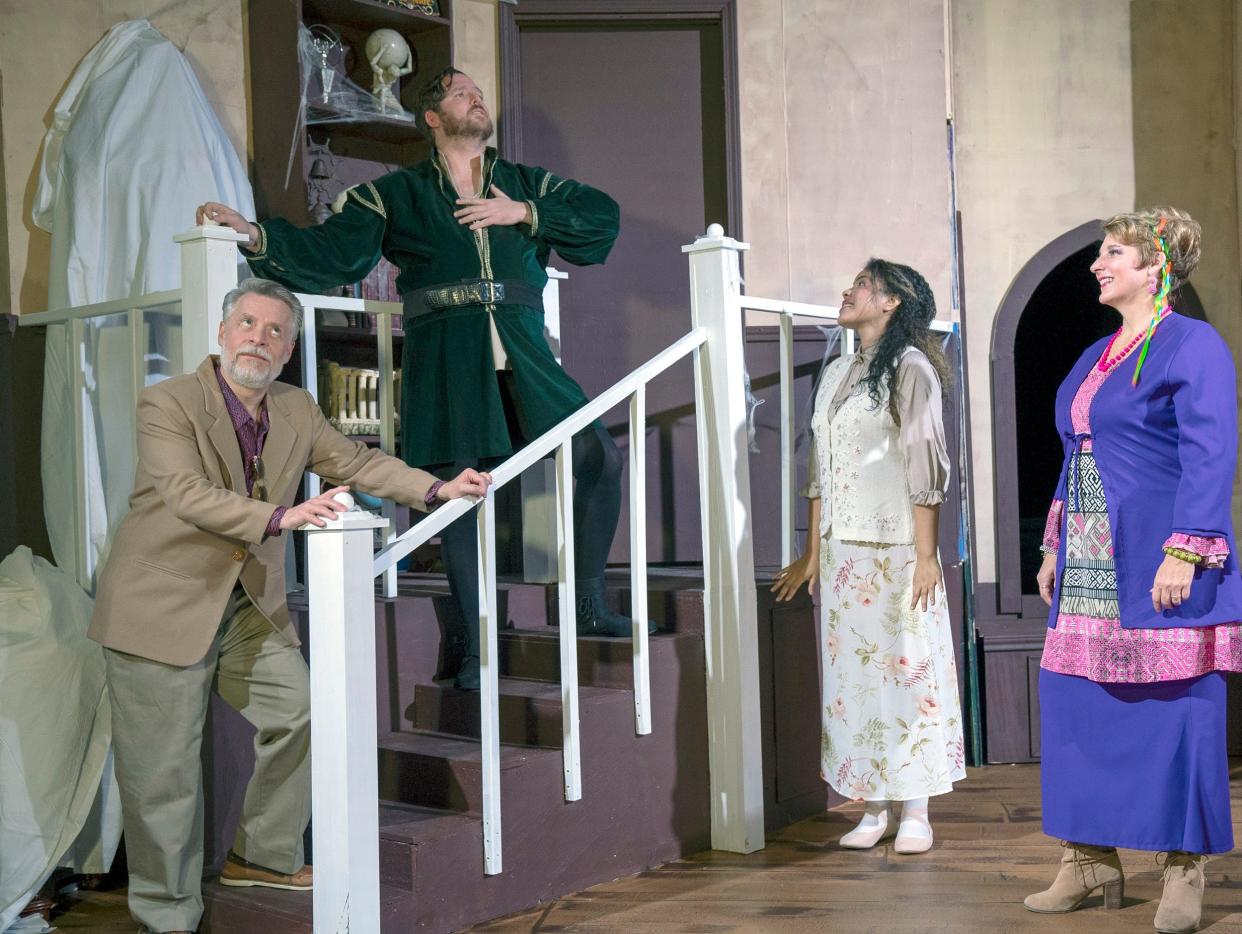 From left, Hollywood producer Gary Peter Lefkowitz (Kevin Wellfare) doubts that TV star Andrew Rally (Keegan Zimmerman) can pull of the role of Hamlet, as actress Deirdre McDavey (Daraja Rae) and real estate broker Felicia Dantine (Elizabeth Garrison) look on in support, in "I Hate Hamlet," the opening production of Jewel Box Theatre's 66th season.