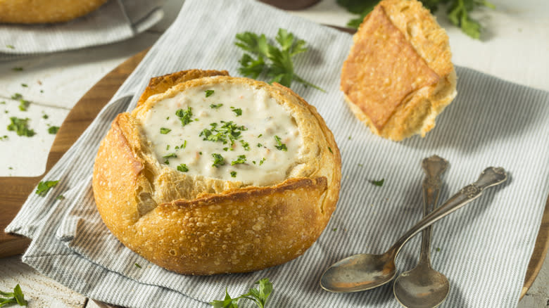 Creamy chowder in a bread bowl