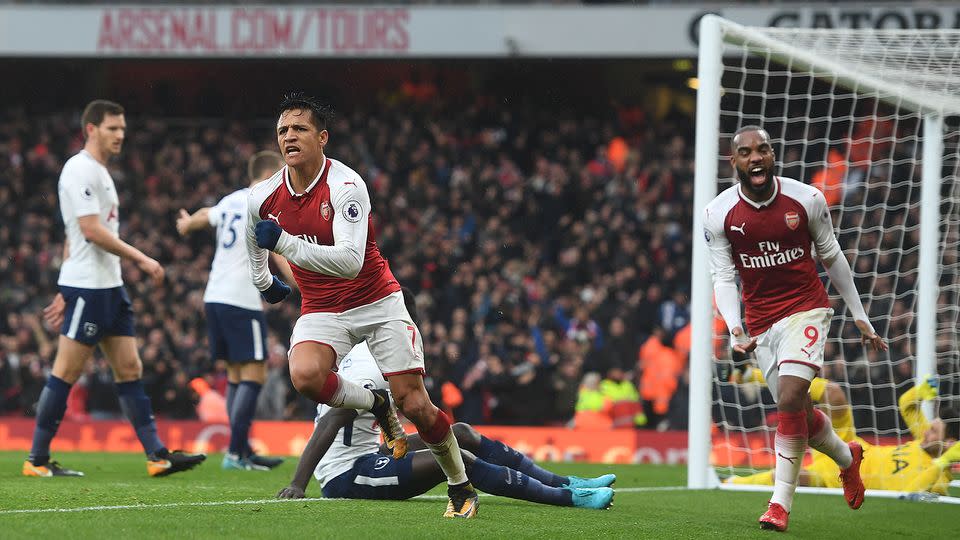 Alexis Sanchez celebrates scoring for Arsenal against Spurs. Pic: Getty