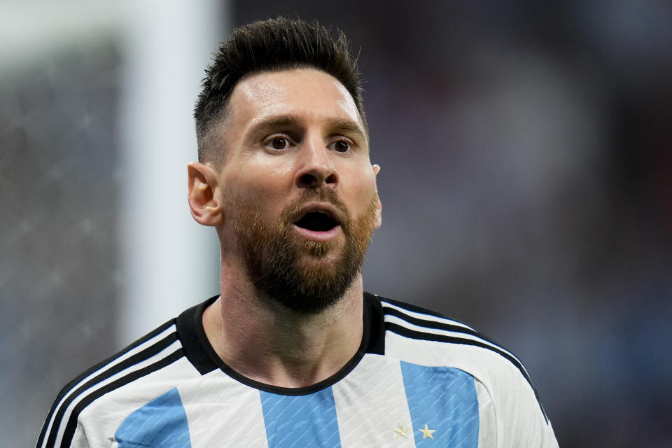 Argentina's Lionel Messi reacts during the World Cup round of 16 soccer match between Argentina and Australia at the Ahmad Bin Ali Stadium in Doha, Qatar, Saturday, Dec. 3, 2022. (AP Photo/Petr David Josek)