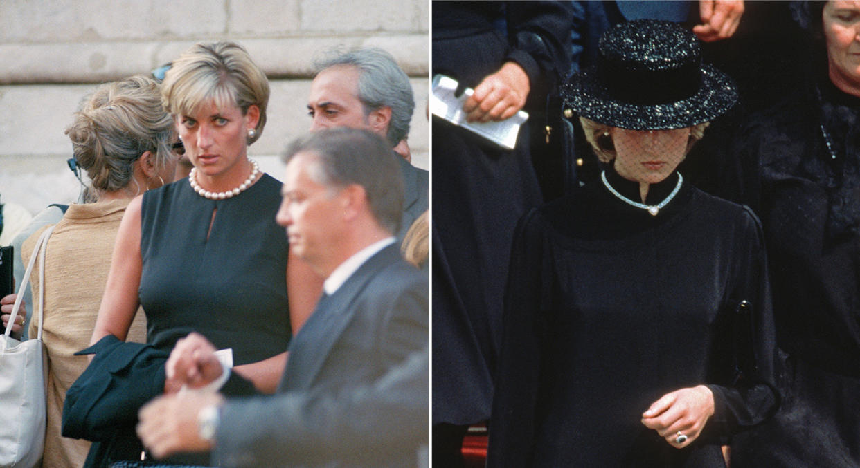 Diana, Princess of Wales, wearing pearls to the funerals of Gianni Versace (L) and Princess Grace of Monaco (R). (Getty Images)