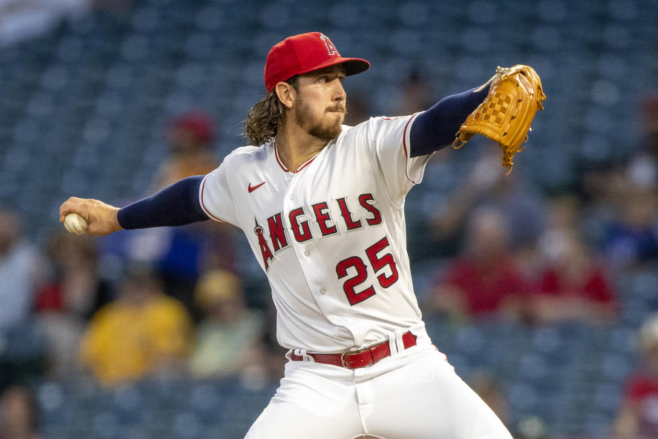 Los Angeles Angels starting pitcher Michael Lorenzen throws to an Oakland Athletics batter during the first inning of a baseball game in Anaheim, Calif., Wednesday, Sept. 28, 2022. (AP Photo/Alex Gallardo)