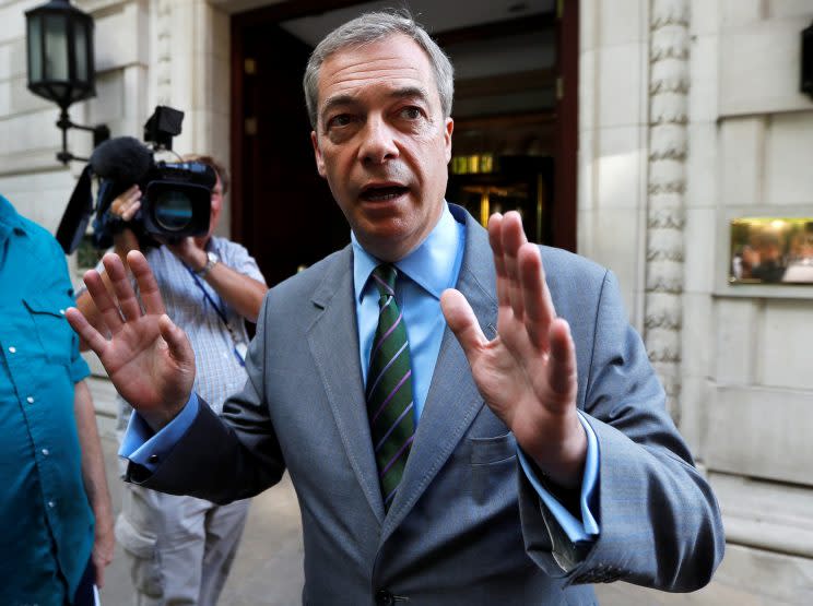 Nigel Farage leaves television studios in London on Thursday. (Photo: Peter Nicholls/Reuters)