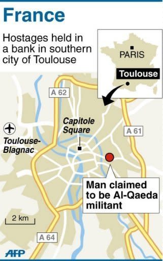 Graphic locating Toulouse where French police stormed a Toulouse bank where a self-proclaimed Al-Qaeda militant took hostages, freeing two remaining hostages unharmed and arresting the gunman, police sources said