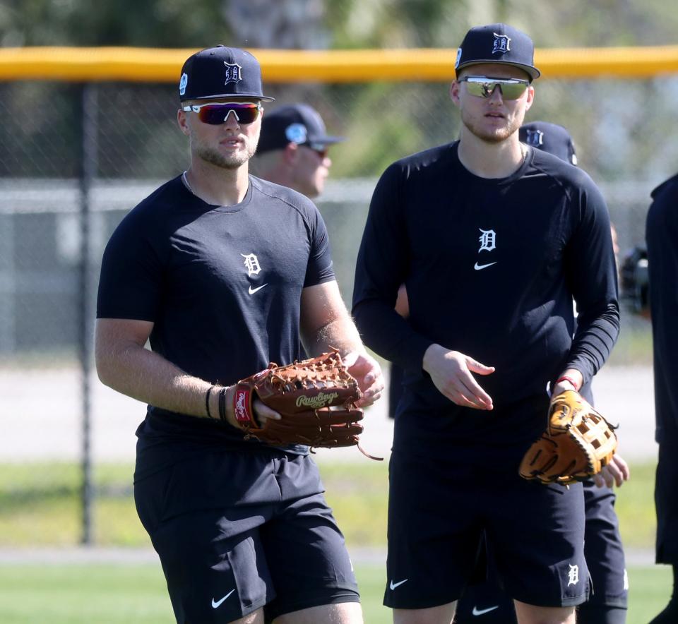 Brothers and Detroit Tigers outfielders Austin Meadows, left, and Parker Meadows, right, during spring training Saturday, Feb. 18, 2023 in Lakeland, Fla.