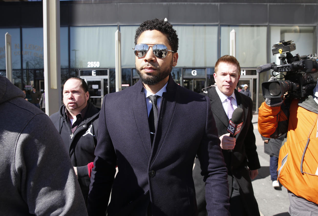 Jussie Smollett leaves Chicago courthouse on March 26, 2019 after it’s announced that all charges were dropped against the actor. (Photo: Nuccio DiNuzzo/Getty Images)