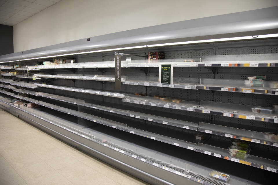 Empty supermarket shelves of what should be full of meat as people continue to stockpile food due to the Covid-19 outbreak on 22nd March 2020 in London, England, United Kingdom. Coronavirus or Covid-19 is a new respiratory illness that has not previously been seen in humans. While much or Europe has been placed into lockdown, the UK government has announced more stringent rules as part of their long term strategy, and in particular 'social distancing'. (photo by Mike Kemp/In PIctures via Getty Images)