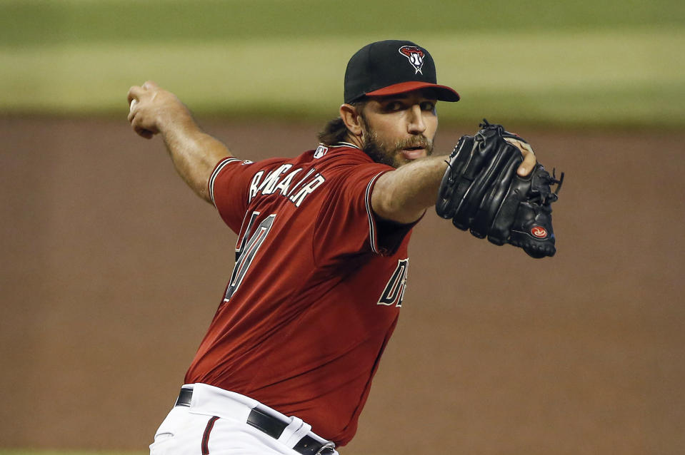 Arizona Diamondbacks' Madison Bumgarner delivers a pitch against the Colorado Rockies during the first inning of a baseball game Sunday, Sept. 27, 2020, in Phoenix. (AP Photo/Darryl Webb)