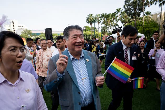 Deputy Prime Minister Phumtham Wechayachai is waving a rainbow flag while arriving at the Thai Government House in Bangkok, Thailand. 