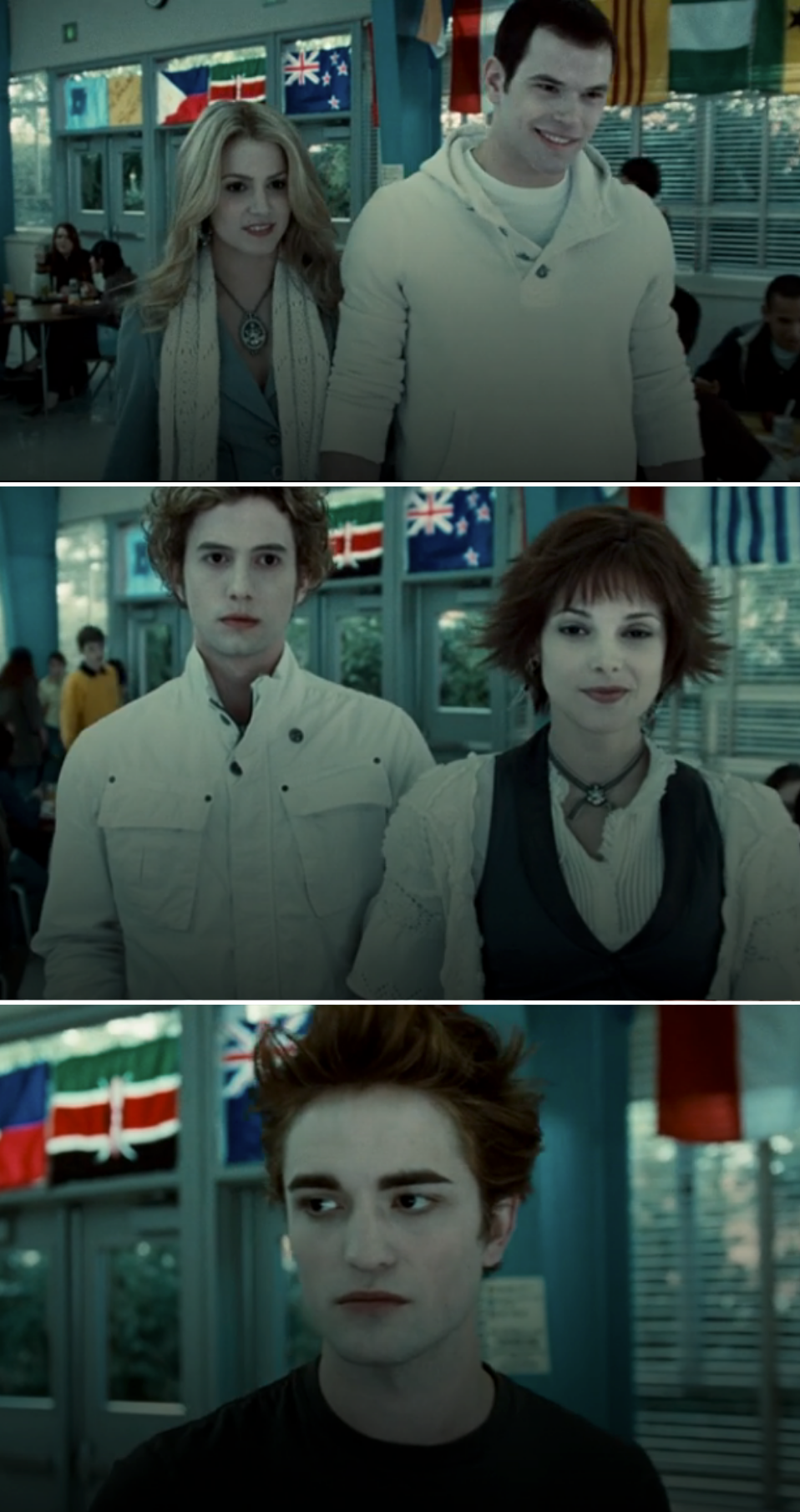 Rosalie, Emmett, Jasper, Alice, Edward Cullen in cafeteria