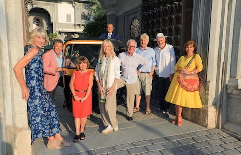 The Real Marigold Hotel cast, with Selina Scott on the left - Credit: NIKOLAZ GODET/BBC