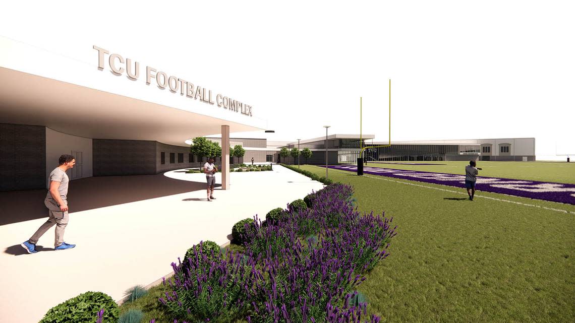 TCU's new football complex will connect the Sam Baugh Indoor Practice Facility and the Morris Practice Fields. It will include conference rooms and a 20,000-square-foot workout area.