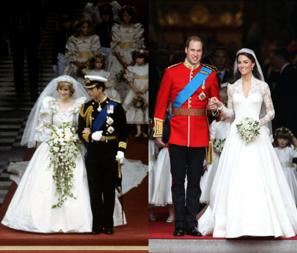 <p>Needless to say, Diana and Kate both had equally impressive wedding dresses. Diana's was designed by David Emanuel in 1981 and Kate's was made by Sarah Burton in 2011. [Photo: PA/ Getty] </p>