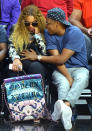 <p>Although they had an excellent view of what was happening as the L.A. Clippers took on the Utah Jazz, Bey and Jay were more interested in the action going on with Bey’s baby bump! ICYMI, the Clippers were eliminated from the playoffs as they lost 104-91. (Photo: AKM-GSI) </p>