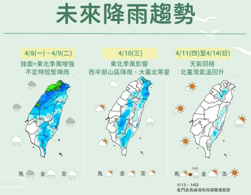 週三降雨趨緩，週四至週末環境轉乾、天氣回穩。（圖／中央氣象署提供）