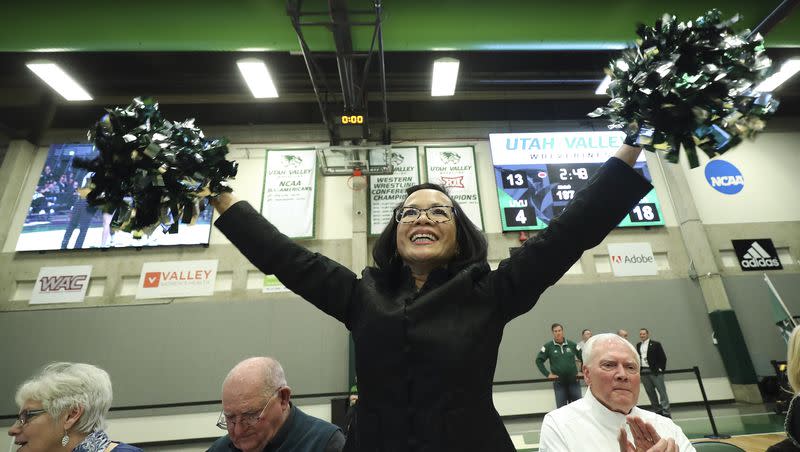 Utah Valley University President Astrid Tuminez, shown here during a wrestling match in 2020, appeared multiple times during the ESPN2 broadcast of UVU’s NIT quarterfinals game Wednesday against Cincinnati cheering for the team, with pompoms in hand.