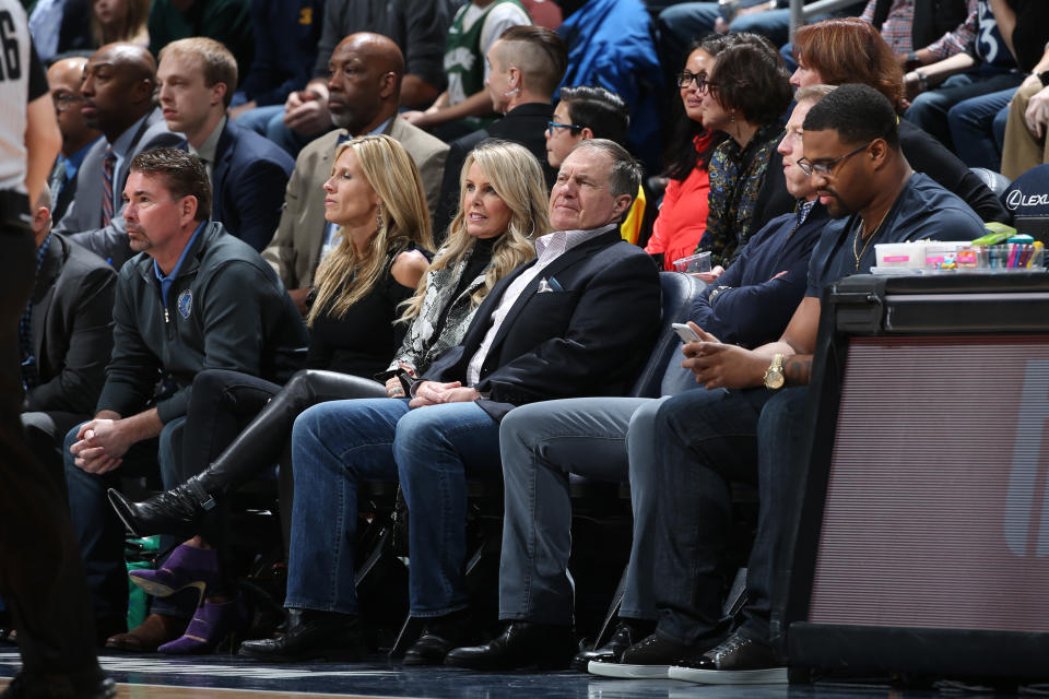 New England Patriots head coach Bill Belichick sitting courtside at Thursday’s NBA game between the Minnesota Timberwolves and the Milwaukee Bucks in Minneapolis.