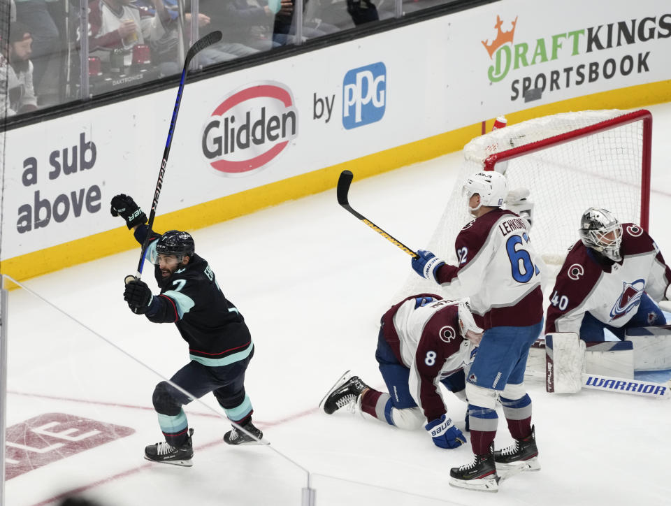 Seattle Kraken right wing Jordan Eberle (7) celebrates scoring to win the game against the Colorado Avalanche as defenseman Cale Makar (8), left wing Artturi Lehkonen (62), and goaltender Alexandar Georgiev (40) react during overtime in Game 4 of an NHL hockey Stanley Cup first-round playoff series Monday, April 24, 2023, in Seattle. The Kraken won 3-2 in overtime. (AP Photo/Lindsey Wasson)