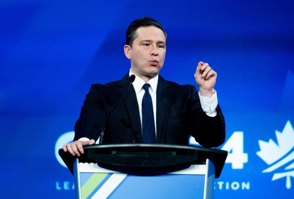 Conservative Leader Pierre Poilievre speaks during a Canada Strong and Free Network event in Ottawa, on Thursday, April 11, 2024.